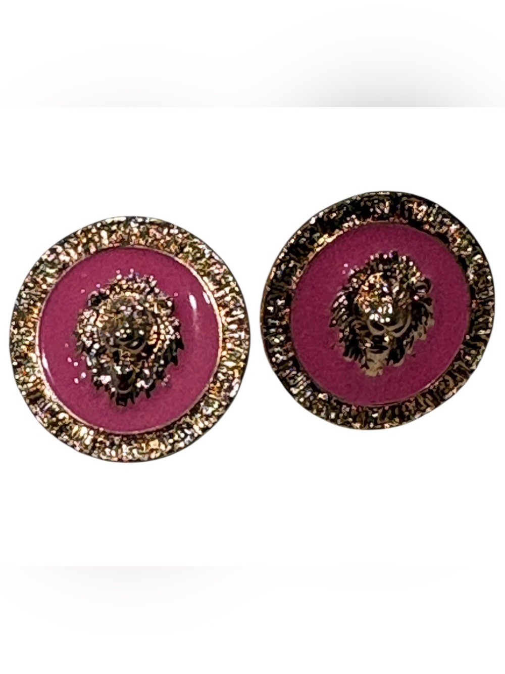 Gold Tone Lion Medallion Pink Enamel Stud Earrings